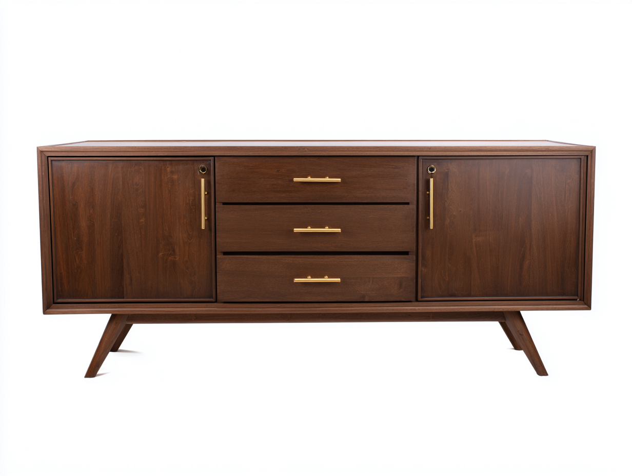 Aparador de salón y comedor - madera oscura - 180x44x80 cm - marrón oscuro y dorado - estilo retro con patas inclinadas-Cottagetnest