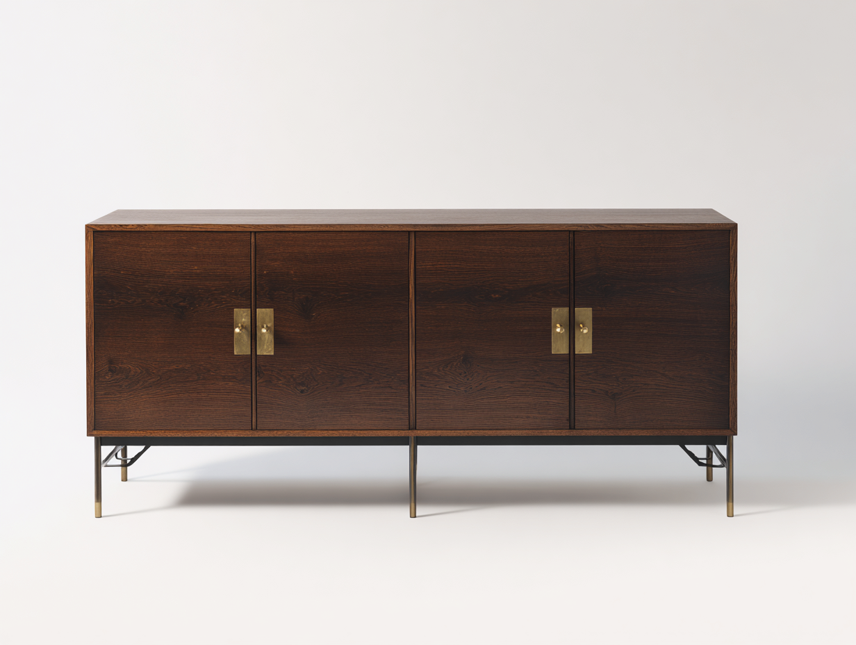 Aparador de salón y comedor - madera oscura y metal - 180x45x80 cm - marrón oscuro y dorado - estilo mid century funcional-Cottagetnest