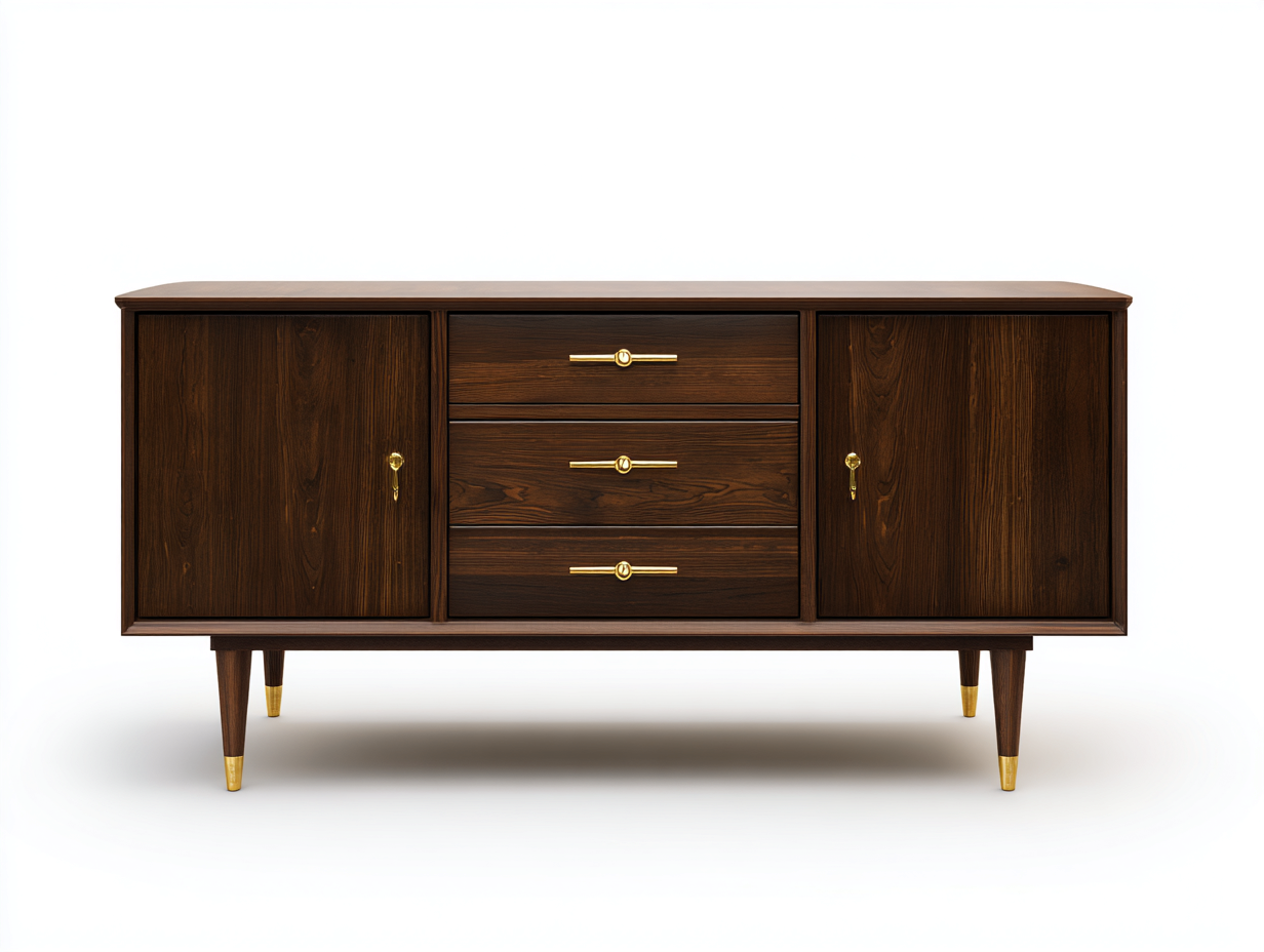 Aparador de salón y comedor - madera rojiza - 178x45x81 cm - marrón nogal y dorado - estilo mid century con almacenamiento-Cottagetnest
