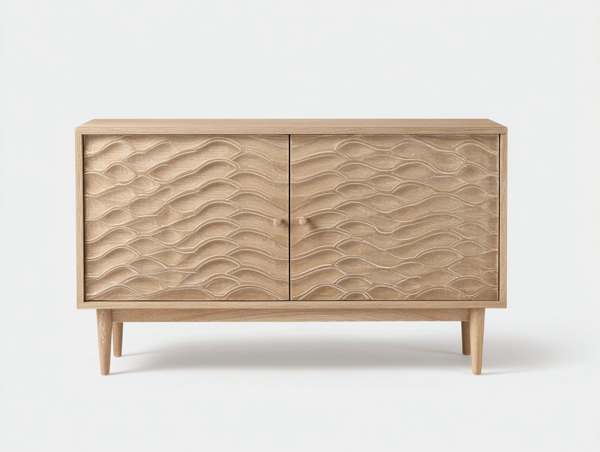 Aparador de salón y comedor - madera tallada - 155x42x76 cm - roble claro - estilo natural con relieve frontal-Cottagetnest