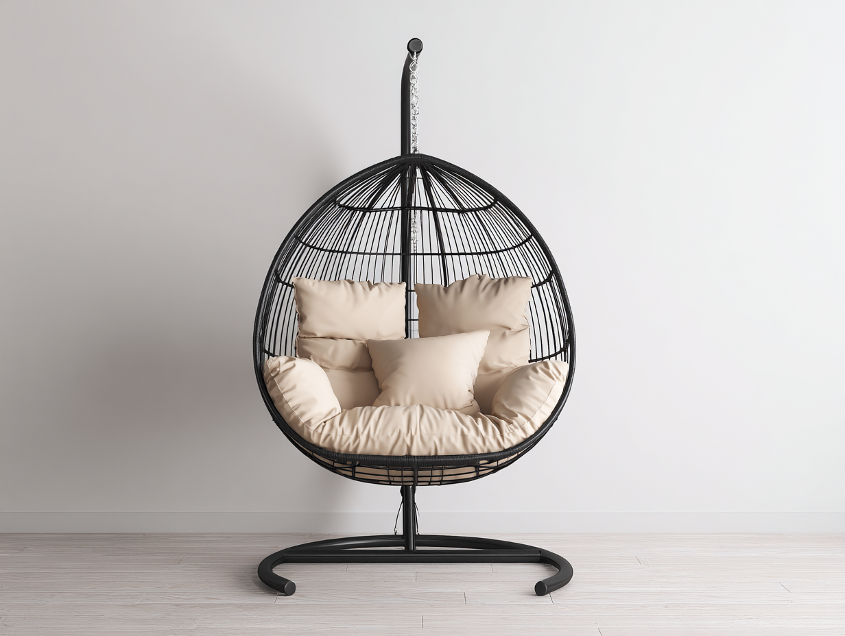 Silla colgante de exterior con soporte - 110x90x195 cm - negro y beige - estructura abierta-Cottagetnest