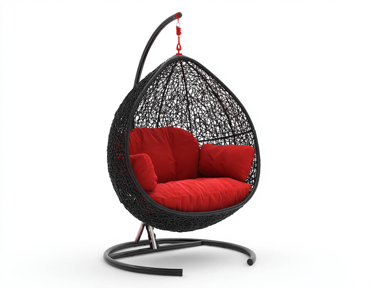 Silla colgante de exterior con soporte metálico - 105x95x195 cm - negro y rojo - tipo huevo-Cottagetnest