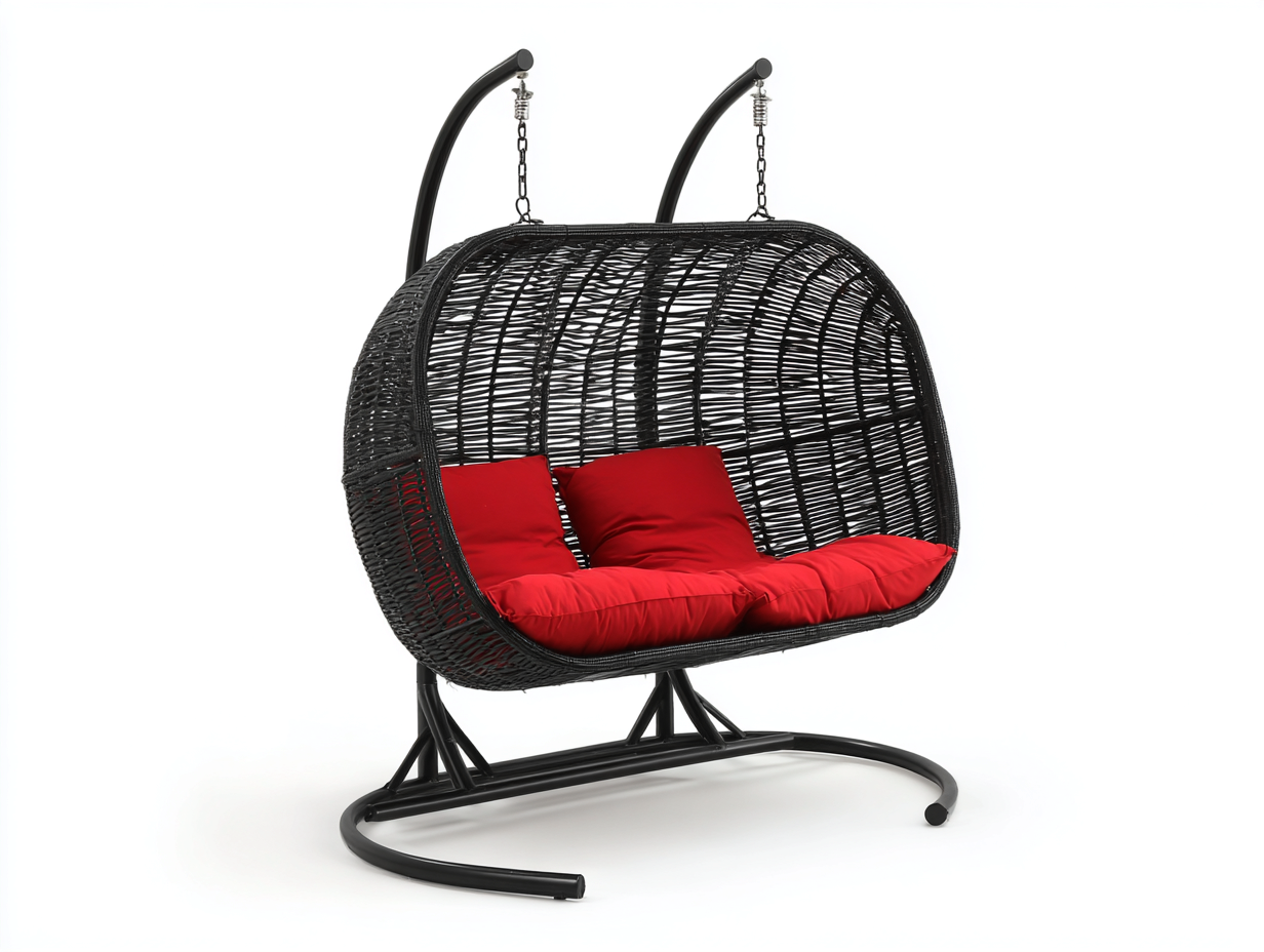 Silla colgante doble de exterior con soporte - 145x95x200 cm - negro y rojo - diseño amplio-Cottagetnest
