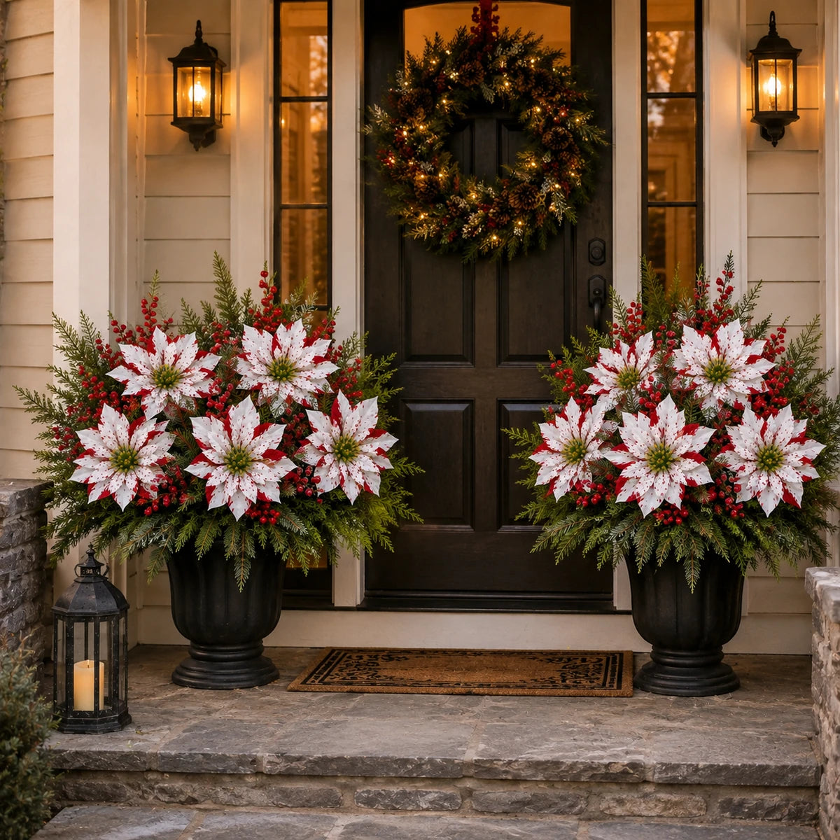 Matching Christmas planter displays on both sides of a front door