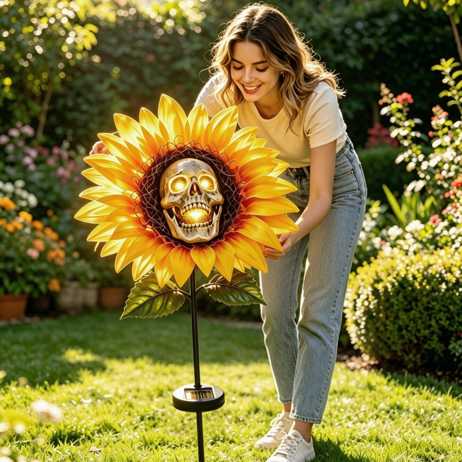 🌻 Solar Sunflower Skull Stake Light - Illuminate Your Halloween with Spooky Charm!
