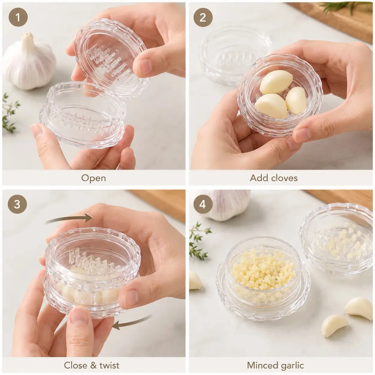 How to use garlic twister: Open, Add cloves, Close and twist, Minced garlic results