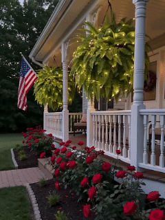 Glowing hanging Boston ferns decorating a porch
