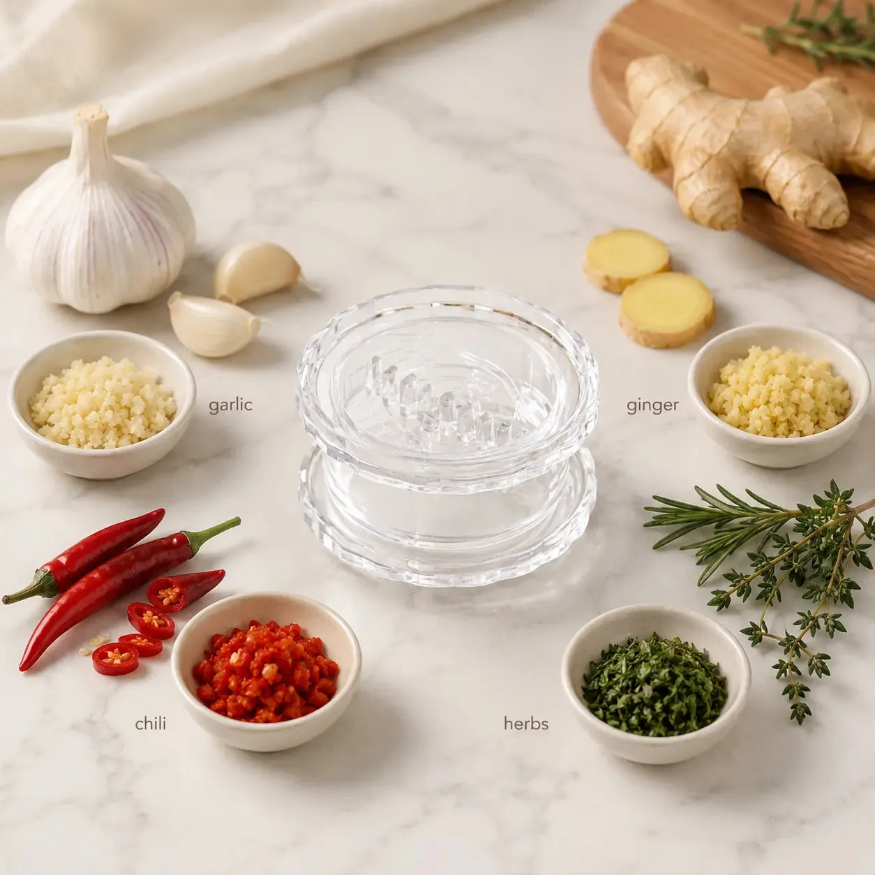 Multi-purpose mincing for garlic, ginger, chili, and herbs