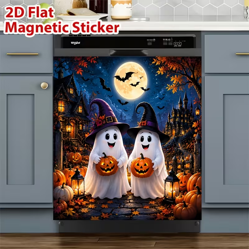 Reusable Halloween-Themed Magnetic Dishwasher Cover – Kitchen Decor for a Spooky Atmosphere