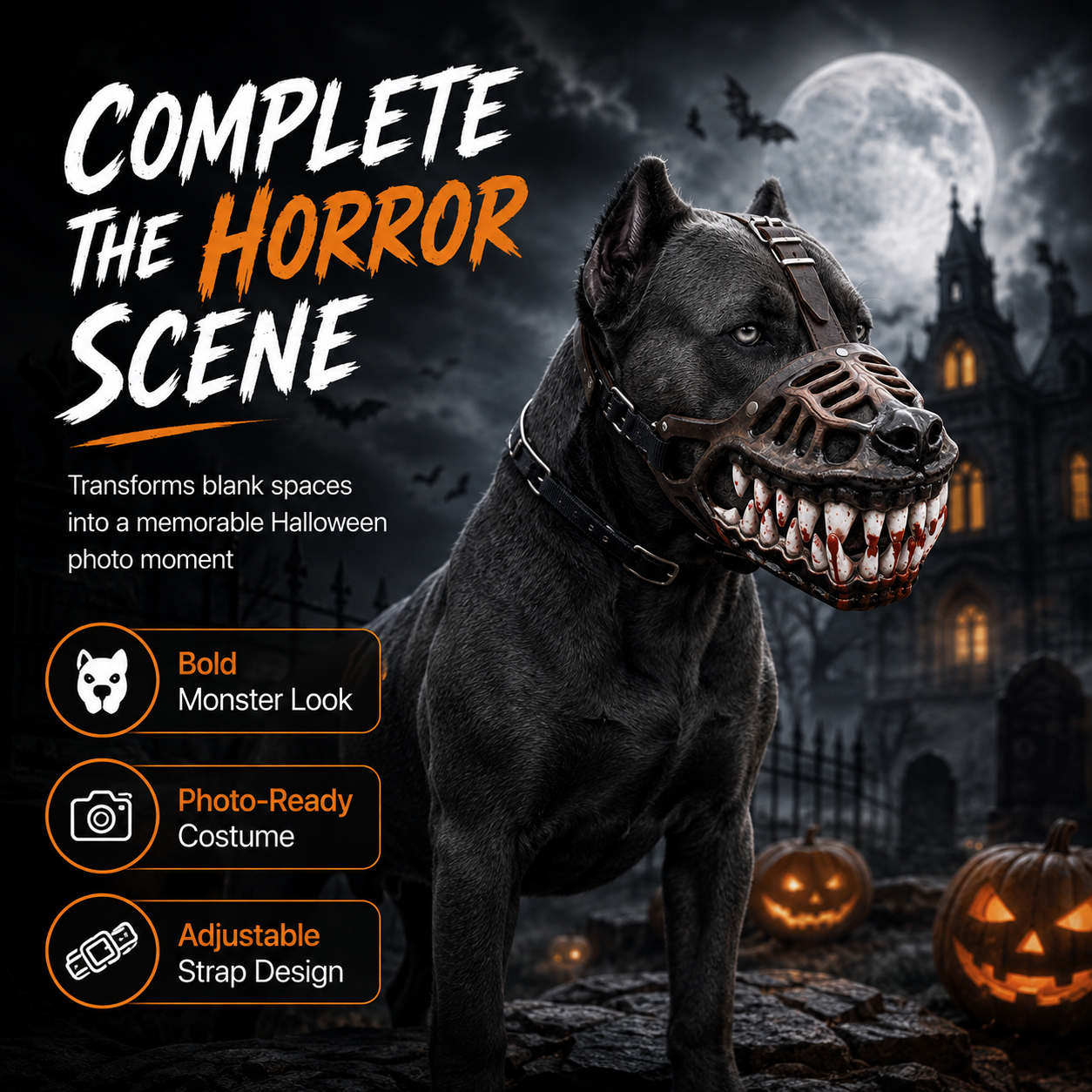 Fierce monster teeth Halloween dog costume muzzle detail