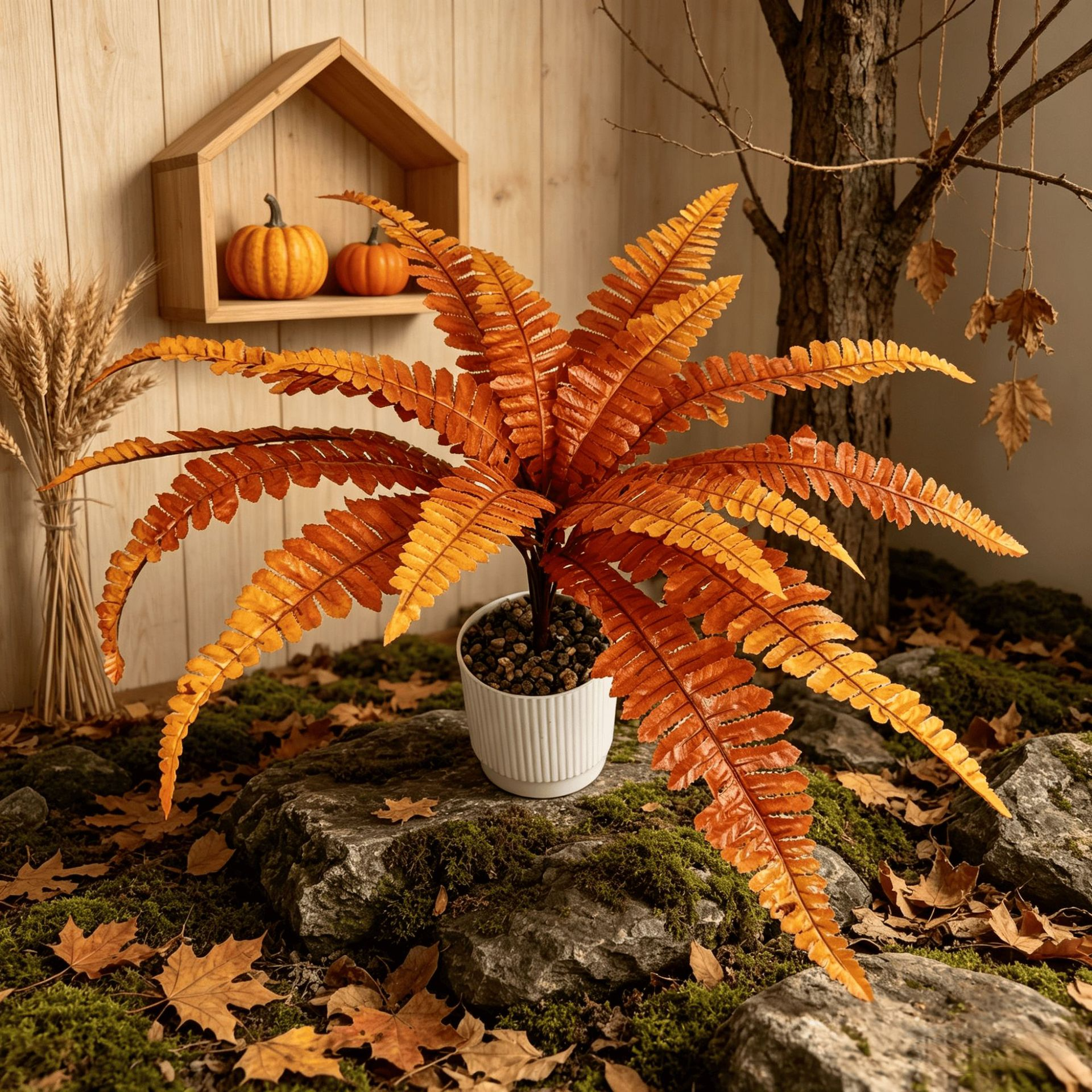 Autumn Crimson Boston Fern Artificial Plant Faux Hanging Decor