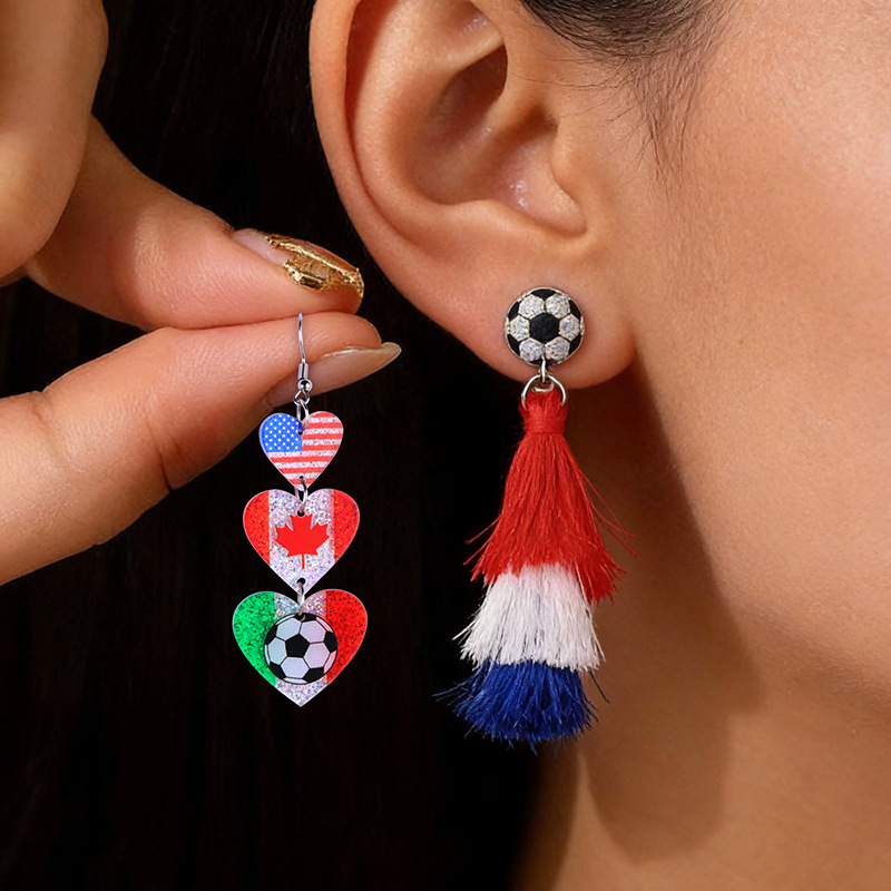 2026 World Cup Country Flag Acrylic Heart & Round Tassel Drop Earrings