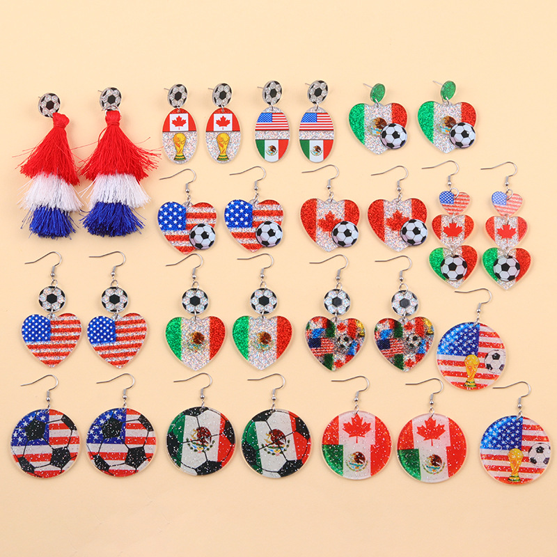 2026 World Cup Country Flag Acrylic Heart & Round Tassel Drop Earrings