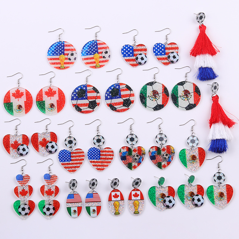 2026 World Cup Country Flag Acrylic Heart & Round Tassel Drop Earrings