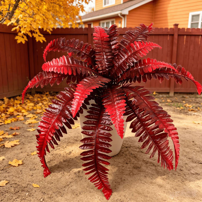 Autumn Crimson Boston Fern Artificial Plant Faux Hanging Decor