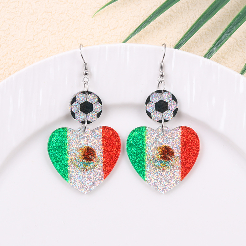 2026 World Cup Country Flag Acrylic Heart & Round Tassel Drop Earrings
