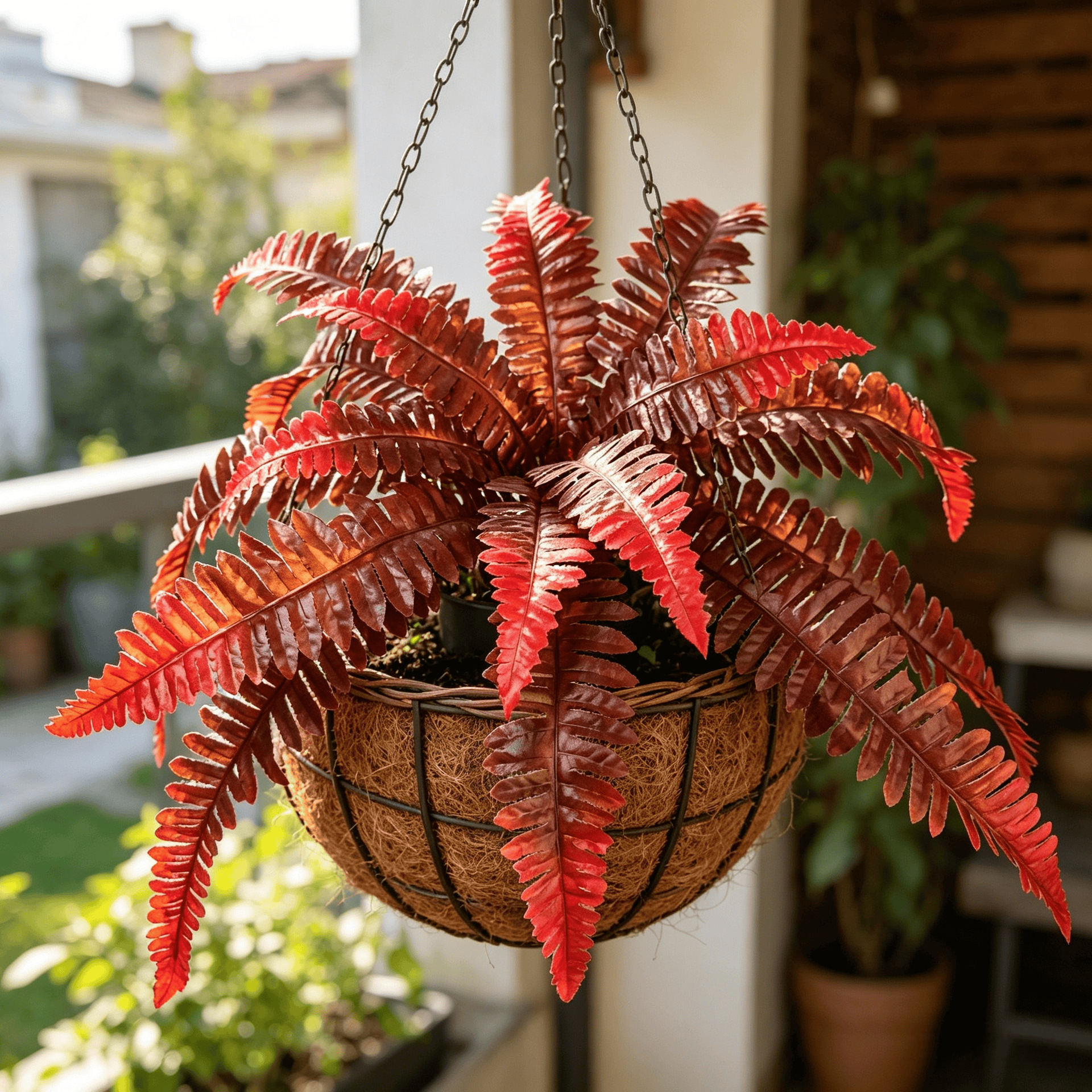 Autumn Crimson Boston Fern Artificial Plant Faux Hanging Decor