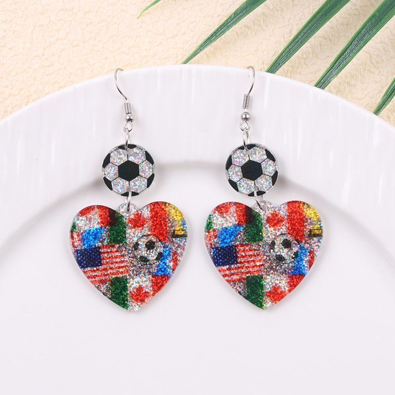 2026 World Cup Country Flag Acrylic Heart & Round Tassel Drop Earrings
