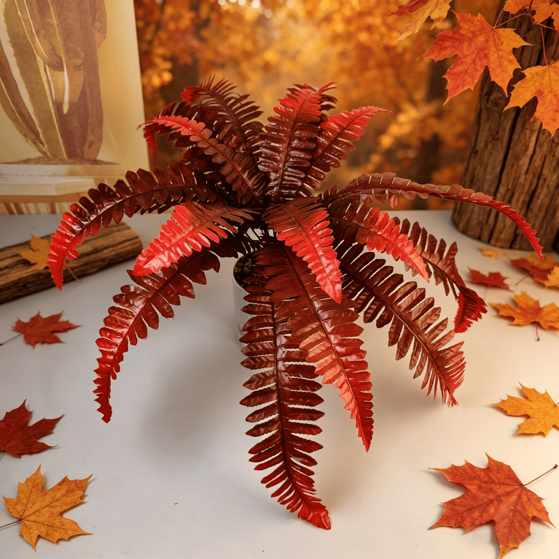 Autumn Crimson Boston Fern Artificial Plant Faux Hanging Decor