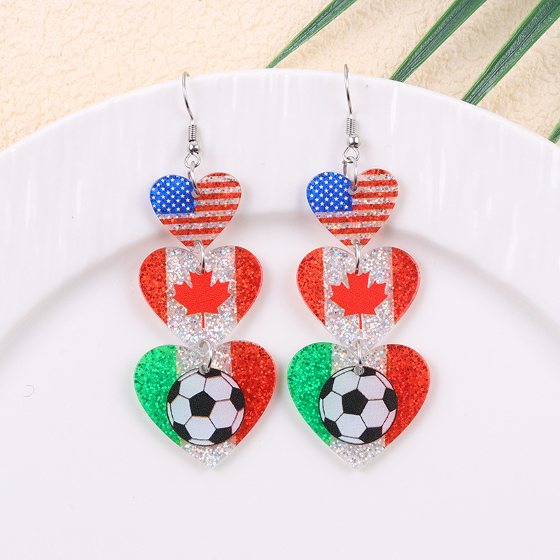 2026 World Cup Country Flag Acrylic Heart & Round Tassel Drop Earrings