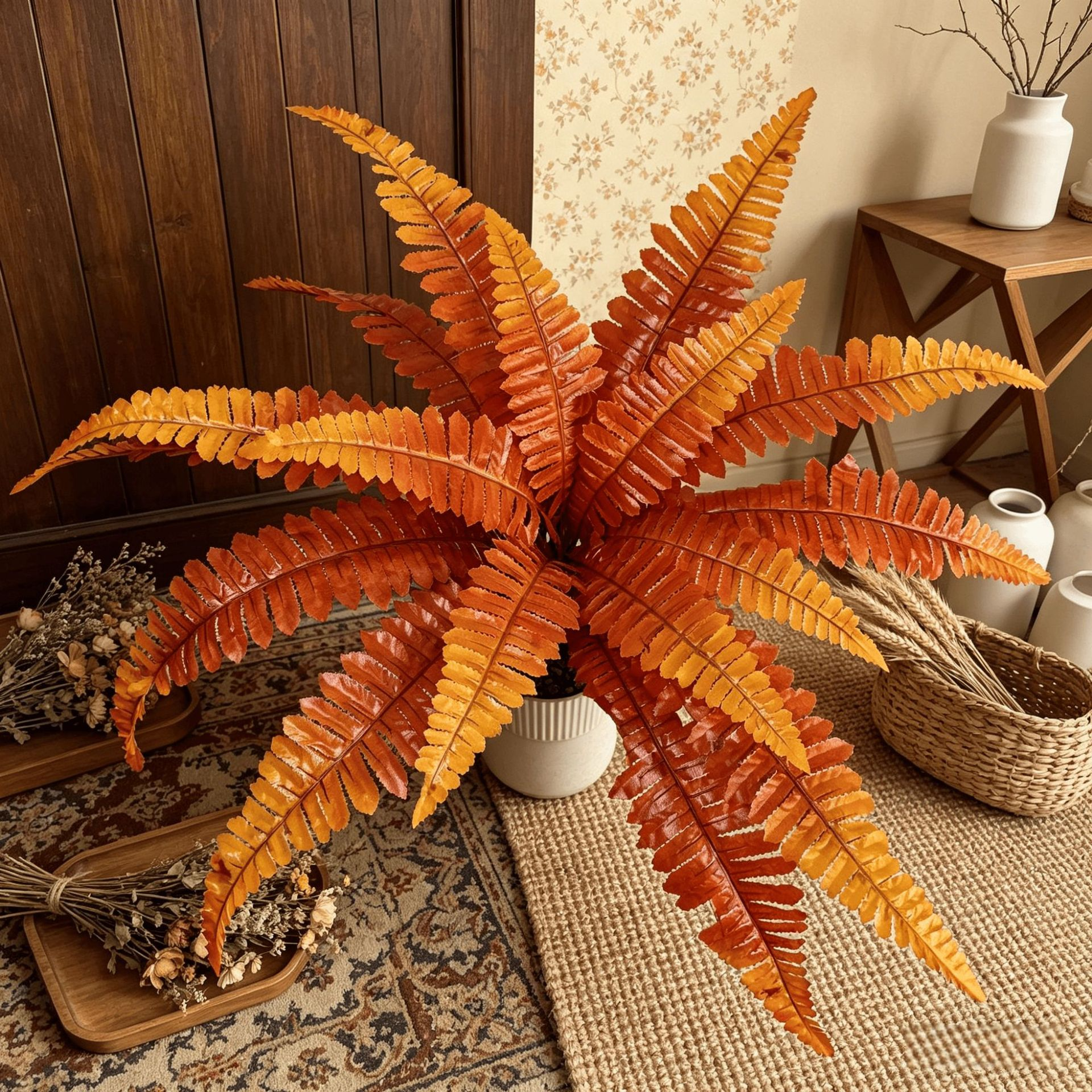 Autumn Crimson Boston Fern Artificial Plant Faux Hanging Decor