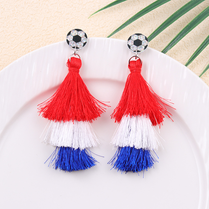 2026 World Cup Country Flag Acrylic Heart & Round Tassel Drop Earrings