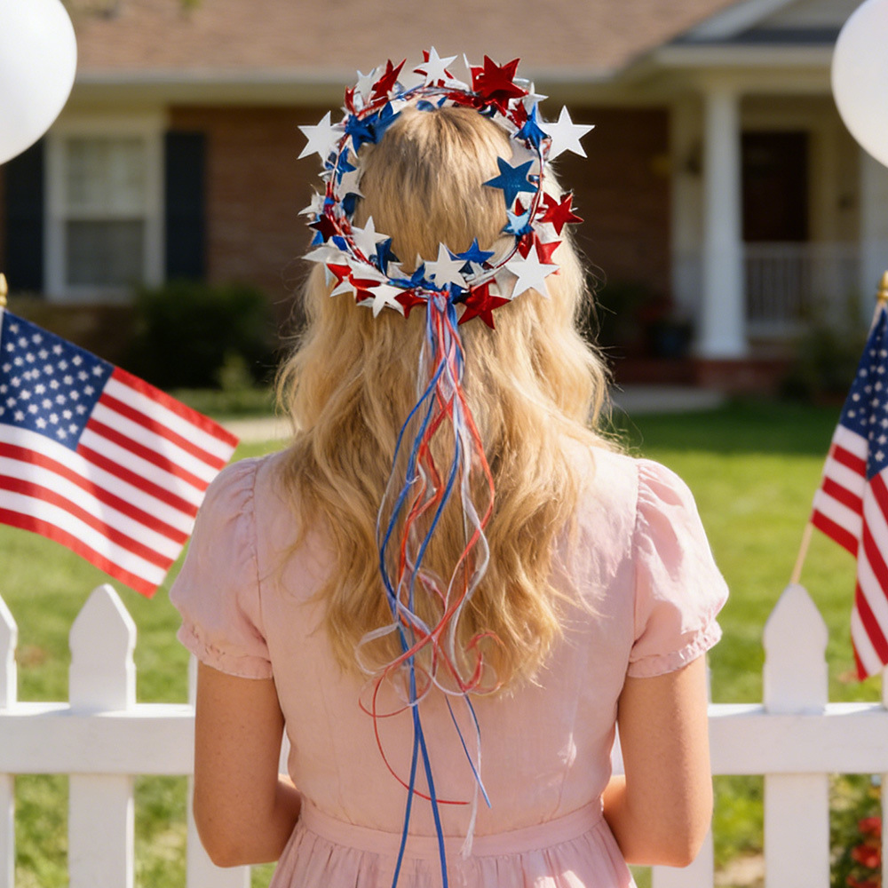 4th of July Patriotic Tinsel Star Headband with Red White Blue Tassels