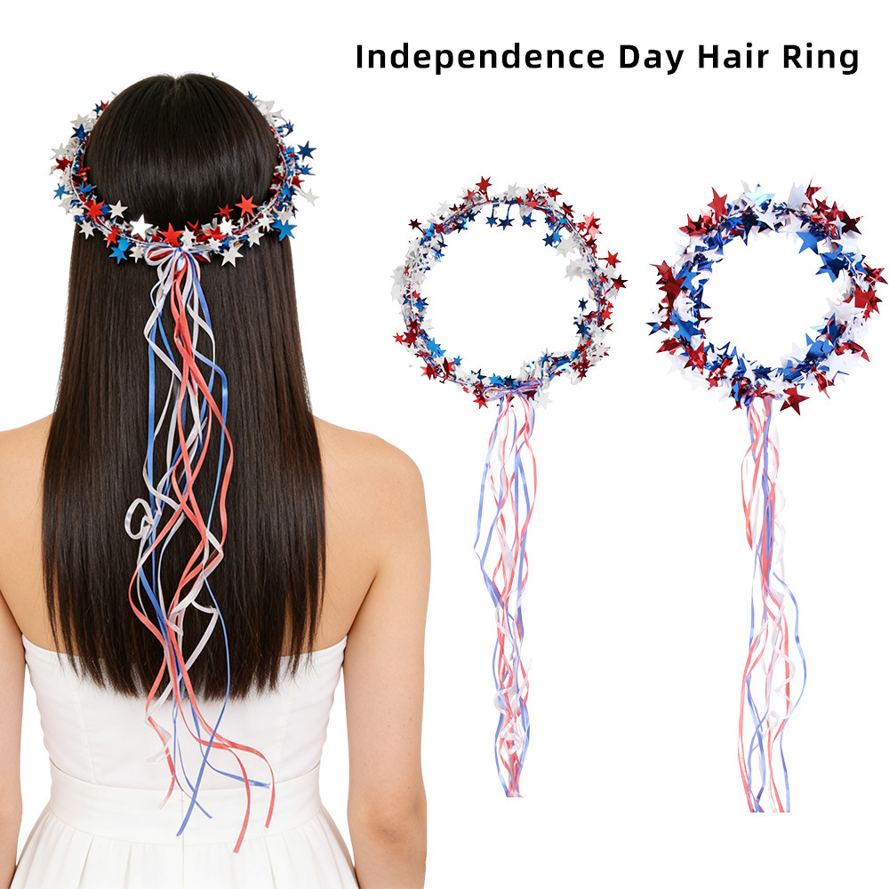 4th of July Patriotic Tinsel Star Headband with Red White Blue Tassels