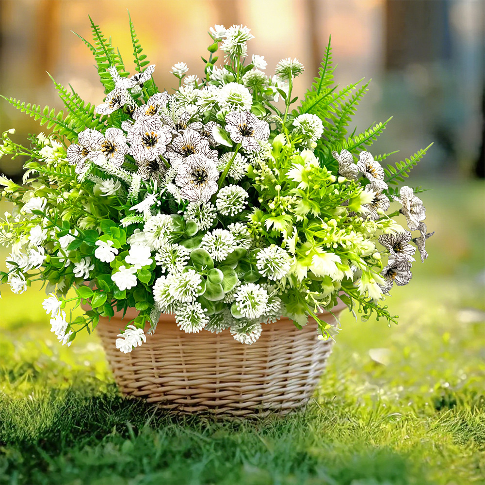 Artificial UV-Resistant Crisp White & Greenery Hanging Basket Flower Kit