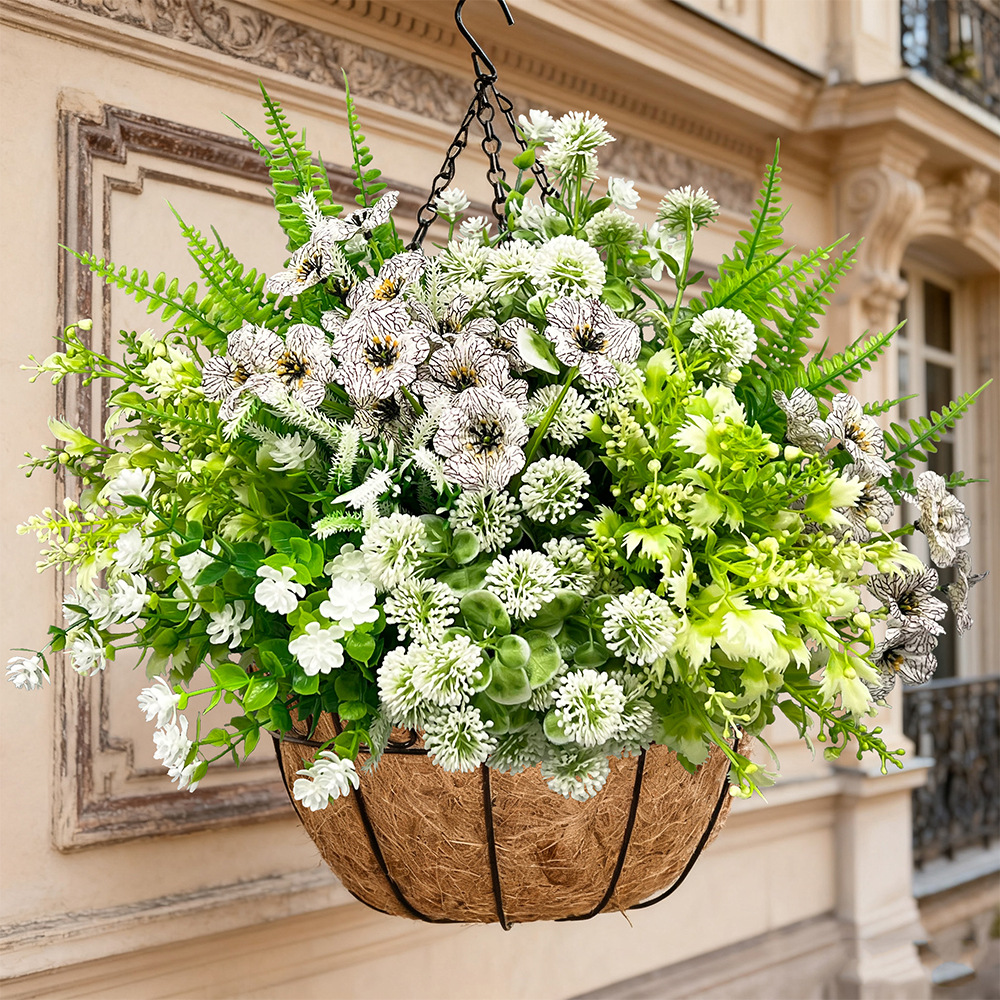 Artificial UV-Resistant Crisp White & Greenery Hanging Basket Flower Kit