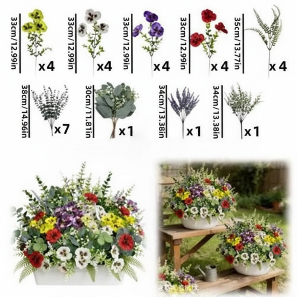 Artificial Pansy & Eucalyptus Garden Stake Decorative Plant for Home and Outdoor