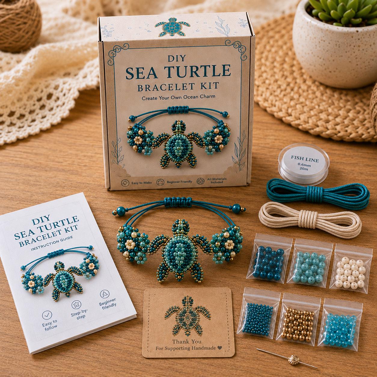 DIY Sea Turtle Beaded Bracelet Kit – Handmade Ocean Turtle Bracelet Craft Set for Beginners | Adjustable Friendship Bracelet Gift