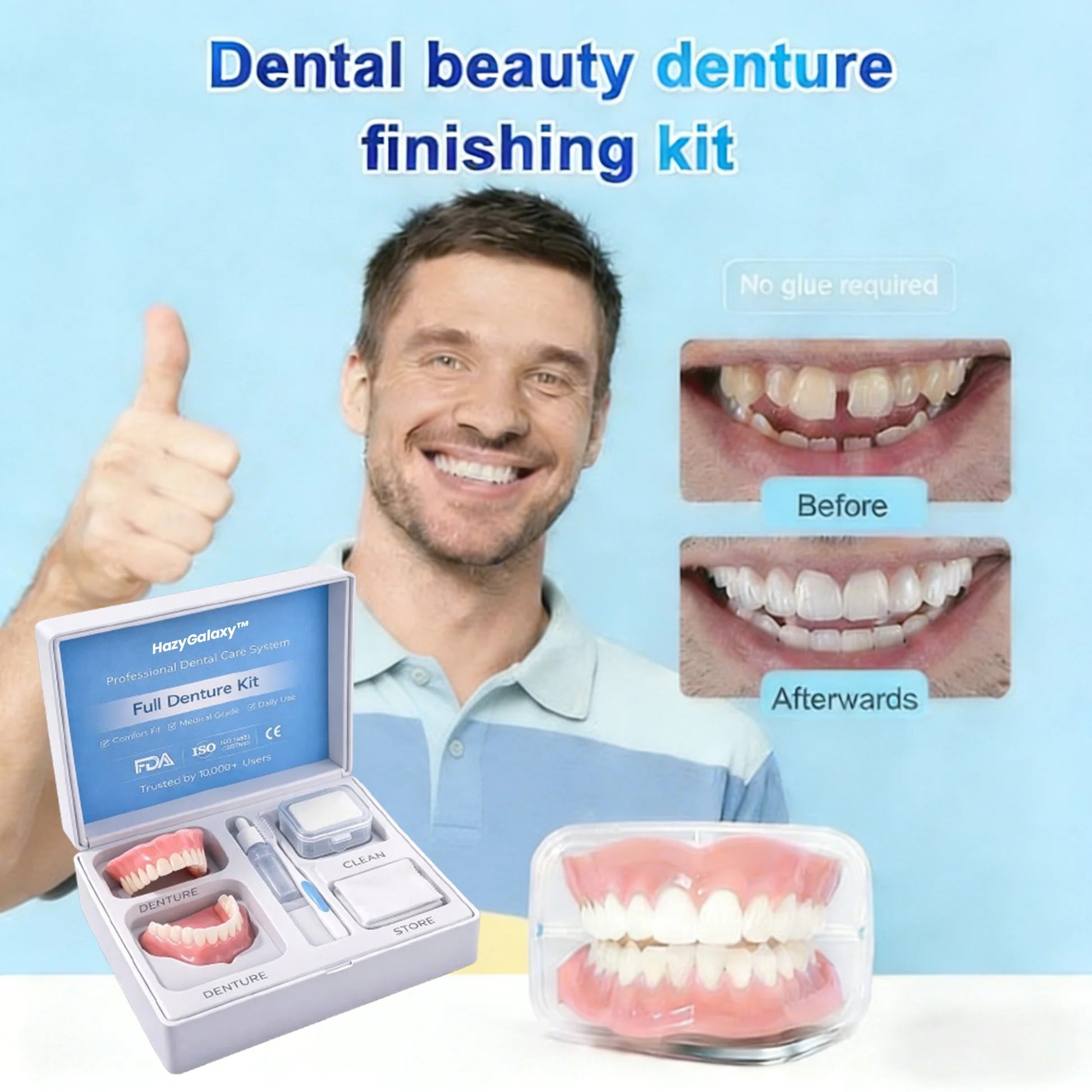 Full Denture Care Kit – Denture Cleaning & Storage Set with Cleaning Brush, Portable Denture Care Box for Daily Denture Maintenance