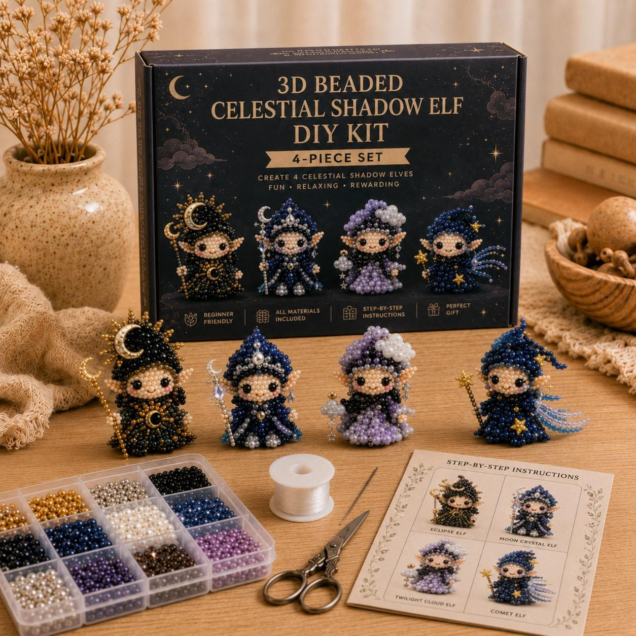 Celestial Shadow Elf 3D Beaded DIY Kit 4-Piece Set | Beginner Friendly Starry Sky Wizard Elf Beading Craft Kit, Moon Crystal, Eclipse, Twilight Cloud, Comet Elf Figurines, Mystical Gothic Home Decor & Unique Handmade Gift for Fantasy Lovers