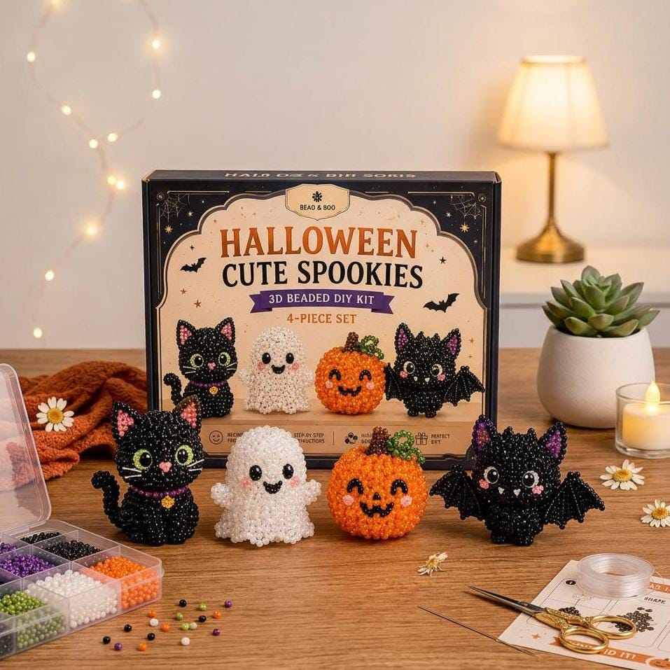 Halloween Cute Spookies 3D Beaded DIY Kit, 4-Piece Set | Beginner Friendly Beading Craft Kit, Black Cat, Ghost, Pumpkin, Bat Figurines, Halloween Decor & Holiday Gift for Craft Lovers