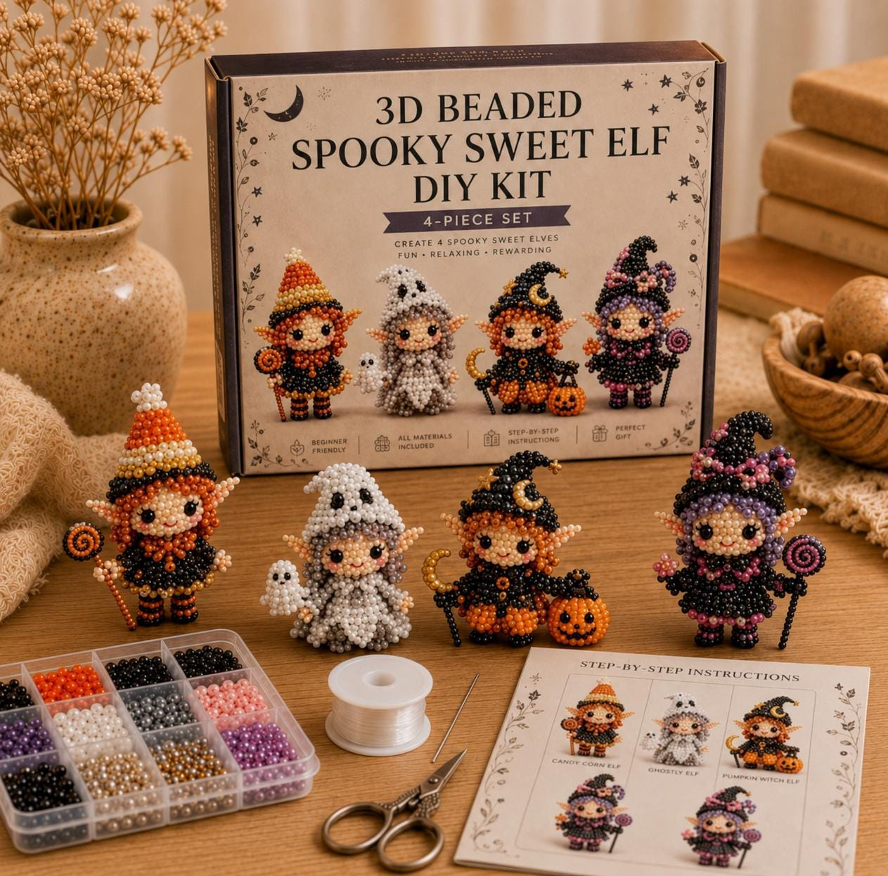 Spooky Sweet Elf 3D Beaded DIY Kit 4-Piece Set | Beginner Friendly Halloween Beading Craft Kit, Candy Corn, Ghost, Pumpkin Witch, Purple Lollipop Elf Figurines, Cute Spooky Halloween Home Decor & Holiday Handmade Gift