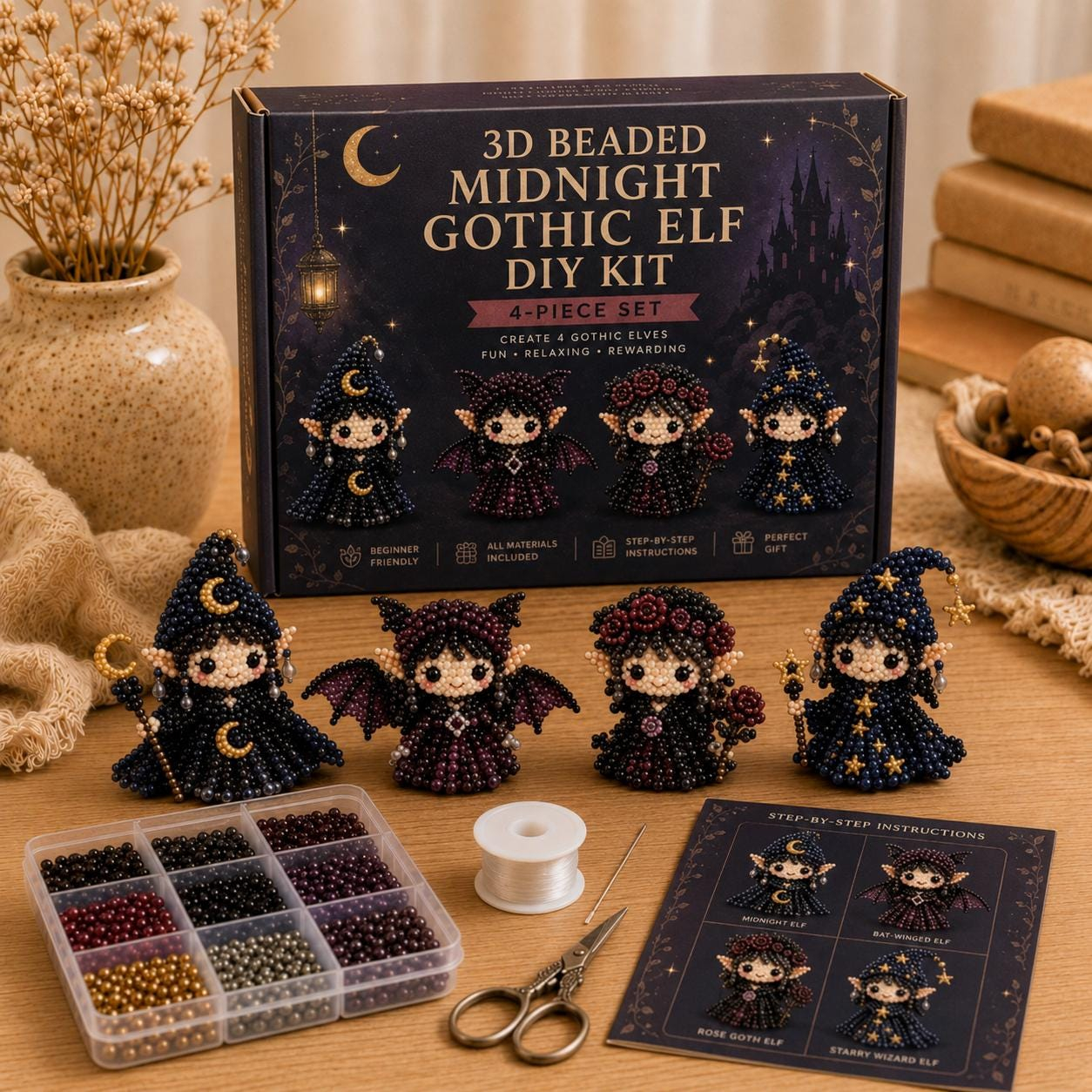 Midnight Gothic Elf 3D Beaded DIY Kit 4-Piece Set | Beginner Friendly Dark Witchy Beading Craft Kit, Midnight Moon, Bat Wing, Rose Goth, Starry Wizard Elf Figurines, Dark Academia Gothic Home Decor & Unique Gift for Gothic Fantasy Lovers