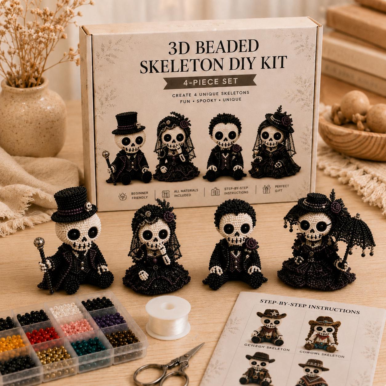 3D Beaded Skeleton DIY Kit | 4-Piece Gothic Skull Beading Set