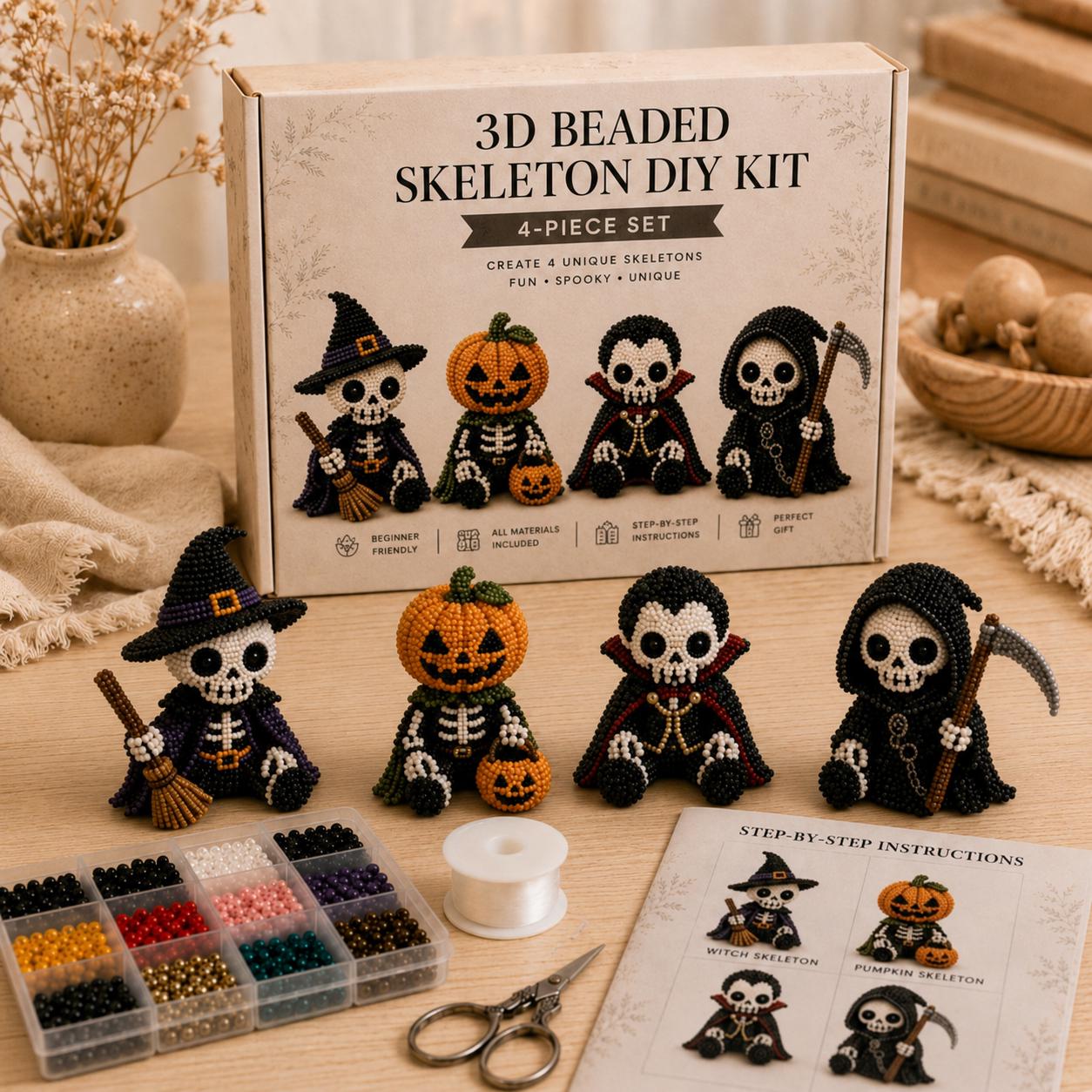 3D Beaded Skeleton DIY Kit | 4-Piece Gothic Skull Beading Set