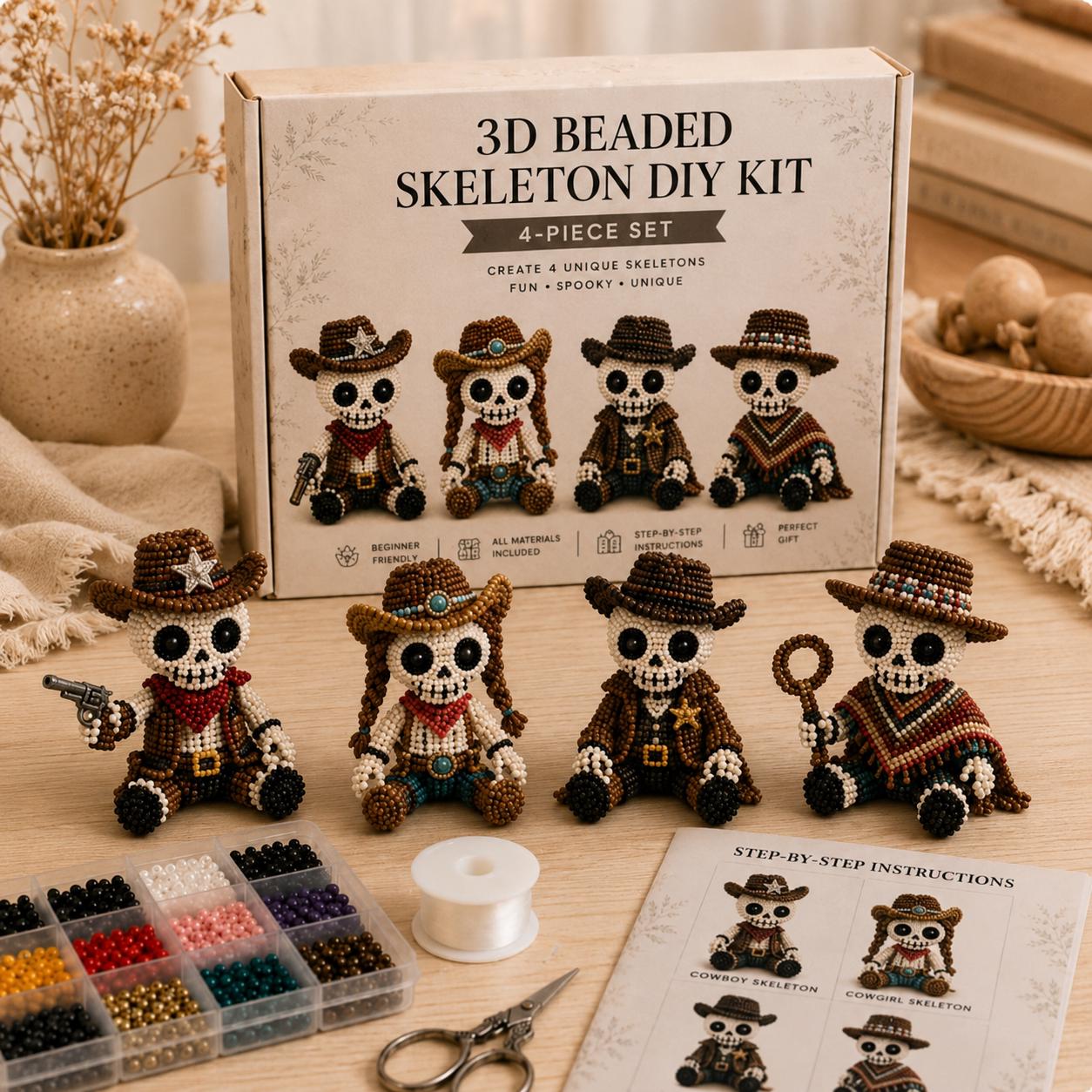 3D Beaded Skeleton DIY Kit | 4-Piece Gothic Skull Beading Set