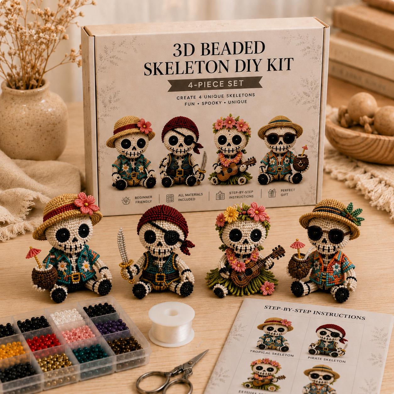 3D Beaded Skeleton DIY Kit | 4-Piece Gothic Skull Beading Set