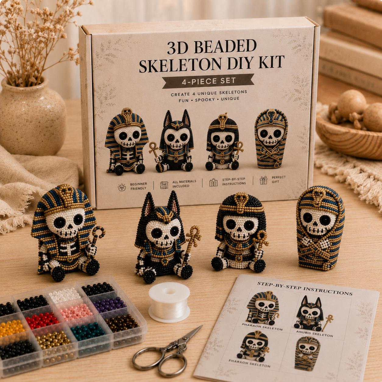 3D Beaded Skeleton DIY Kit | 4-Piece Gothic Skull Beading Set