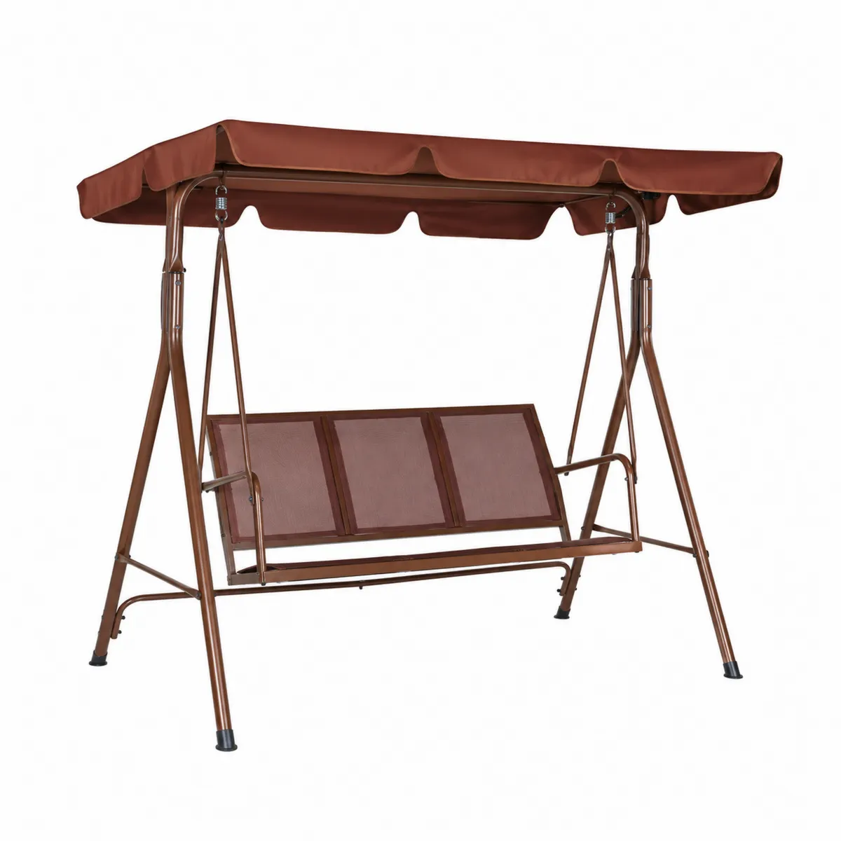Columpio de metal con asiento de malla y toldo ajustable marrón