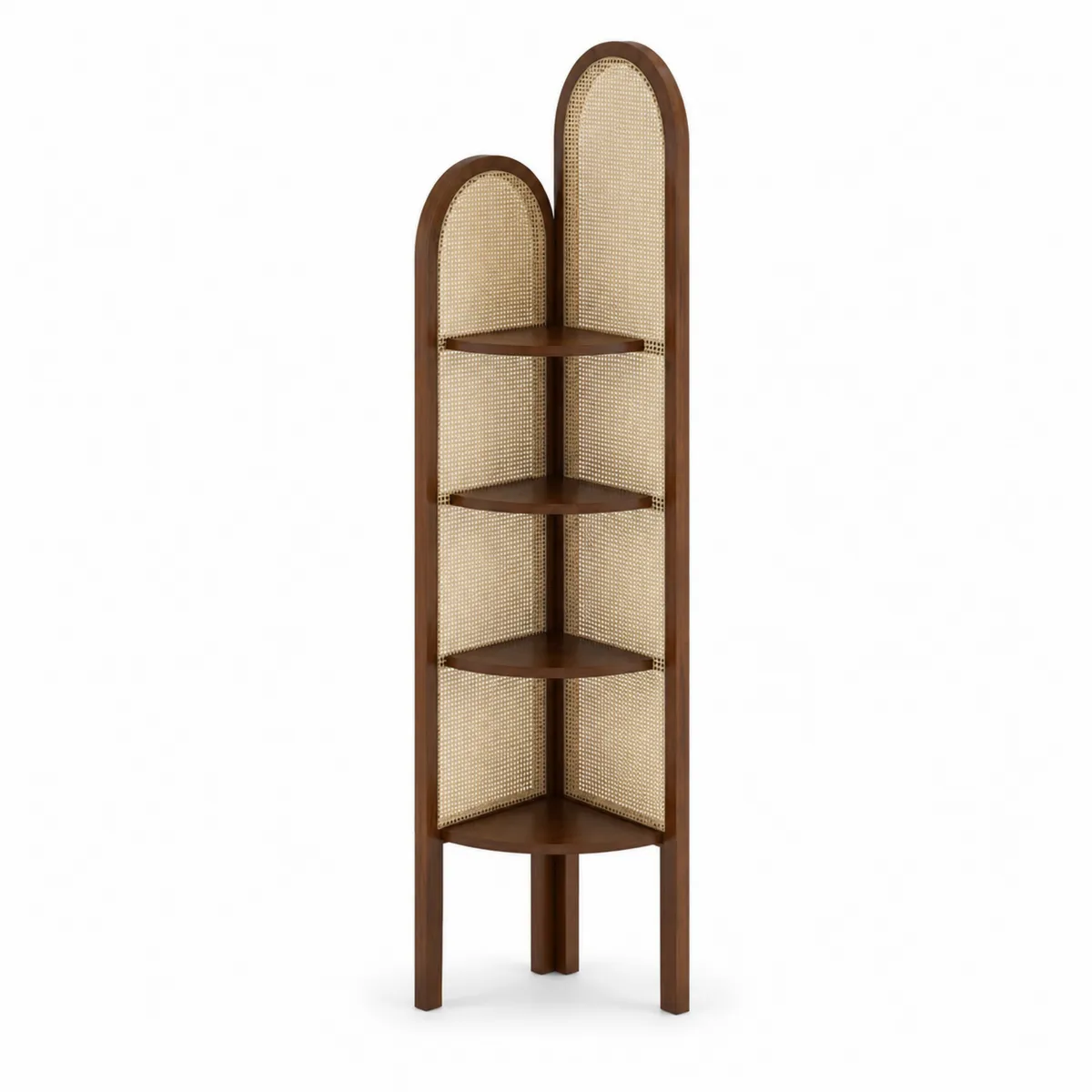 Estantería esquinera de madera y ratán de 4 niveles