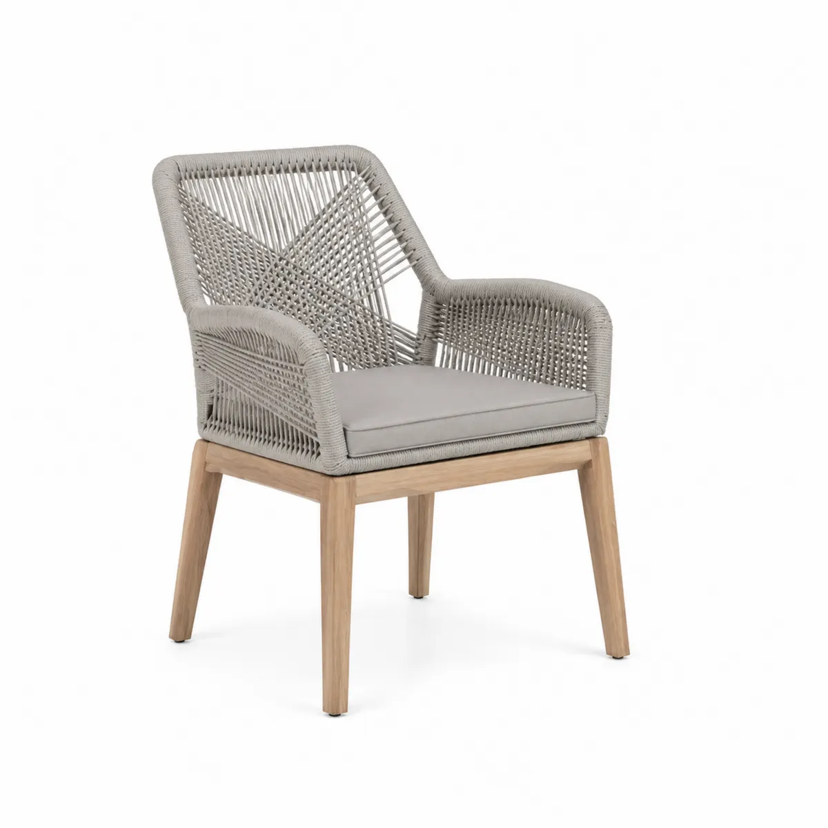 Silla de comedor exterior de madera de teca y cuerda gris