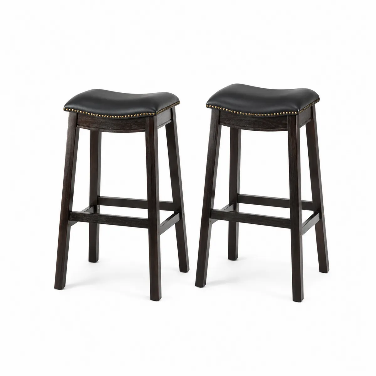 Set de 2 Taburetes de Madera y Cuero Sintético Negro