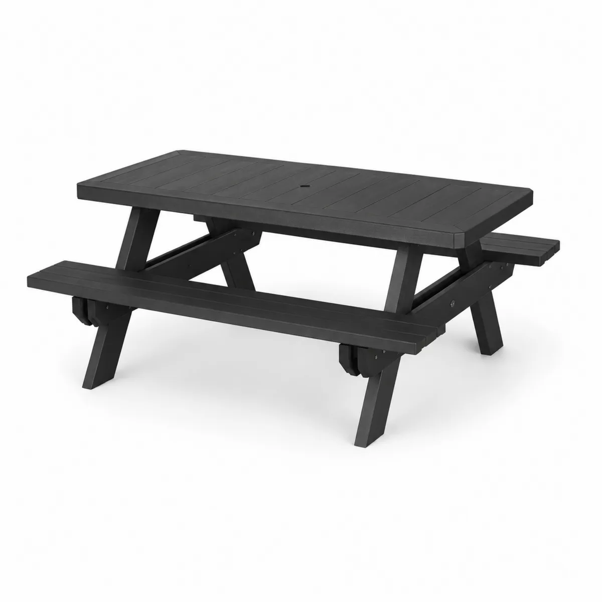 Mesa de picnic de plástico negro con bancos integrados