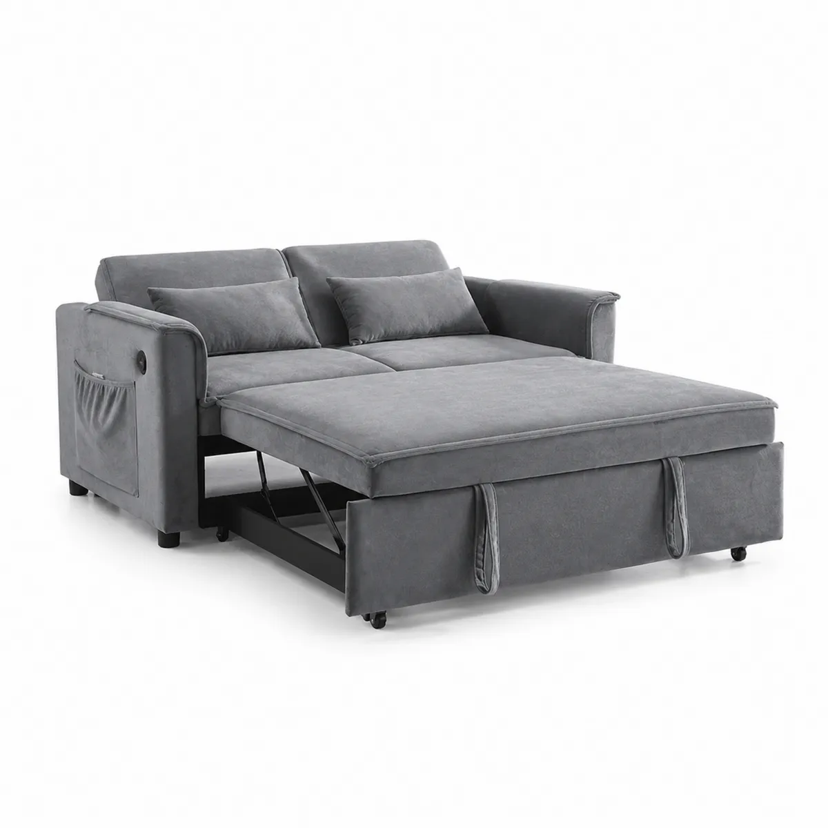 Sofá cama de terciopelo gris con almacenamiento y cojines