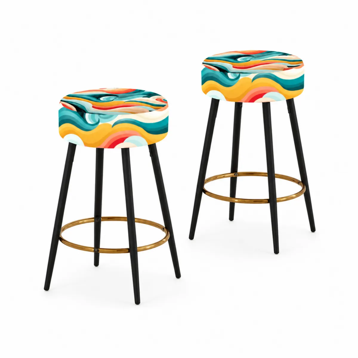 Juego de 2 Taburetes de Bar Altos con Asiento de Tela Impresa y Estructura Metálica