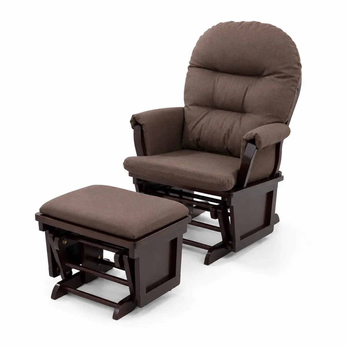 Silla mecedora y reposapiés de tela y madera marrón